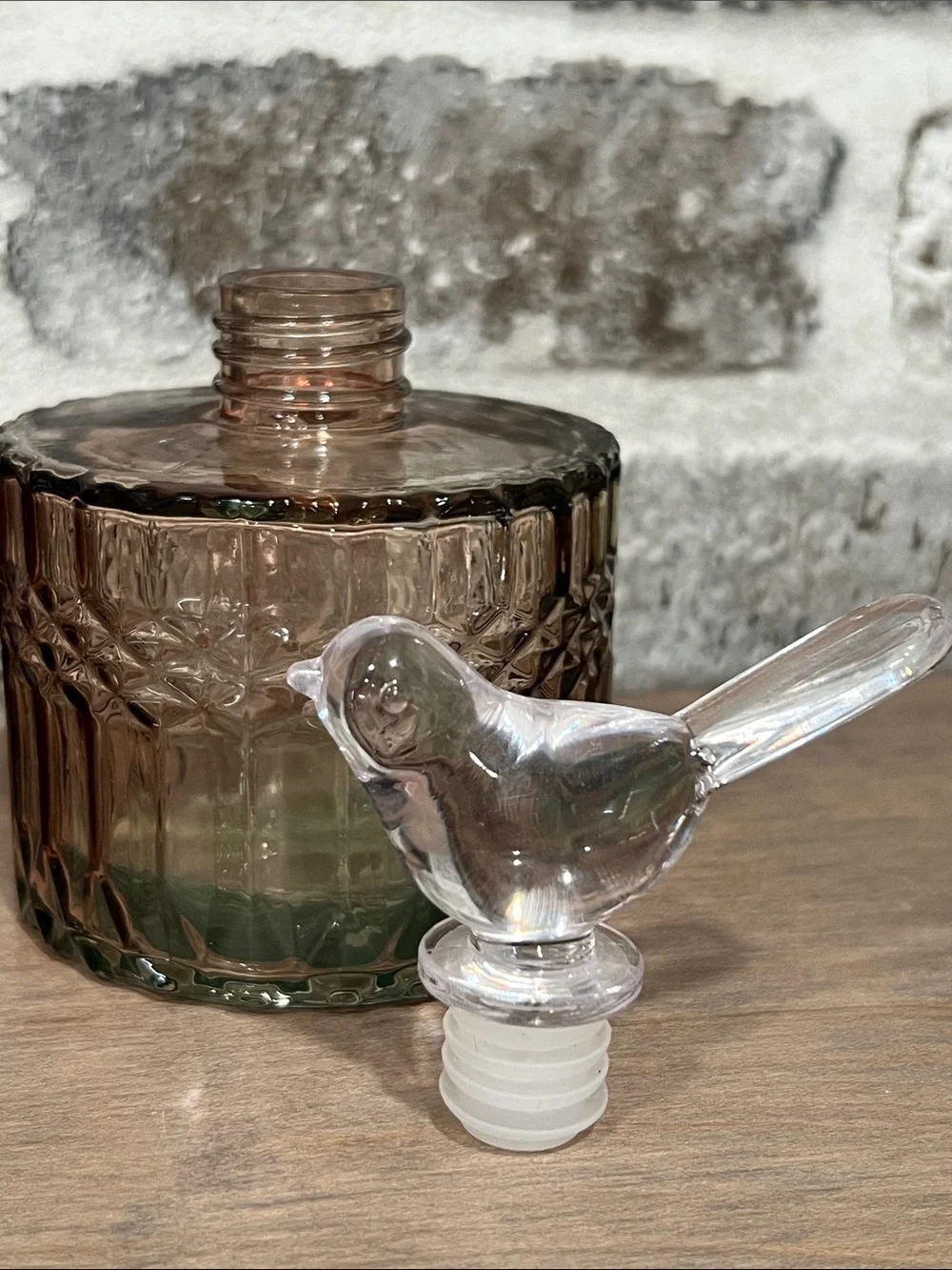 Glass Bird-Topped Vanity Jar in Smoky Rose Brown and Clear